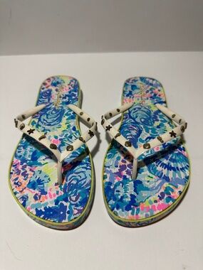 Lilly Pulitzer Pool Flip Flops Size 7/8 Blue Pink Tropical Print Sandals